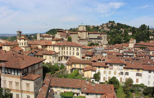 Panoramic view of San Vigilio Hill from the Tower of Campanone in Bergamo. Civic Museum of Natural Sciences and the Episcopal Seminary Giovanni XXIII.