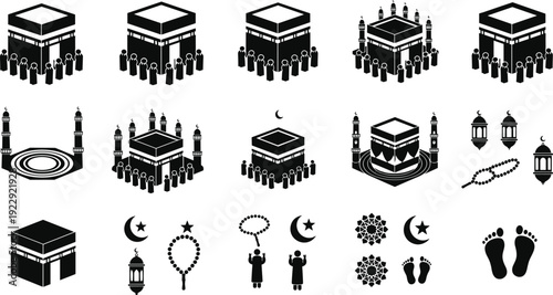 Islamic pilgrimage Hajj and Umrah icon set featuring Kaaba in Mecca prayer beads lanterns crescent moon and religious worship symbols vector