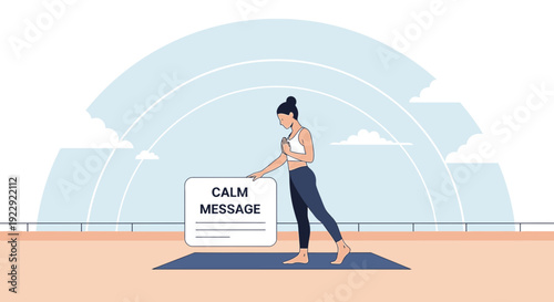 Woman practicing yoga, holding a sign with "Calm Message" in a serene outdoor setting