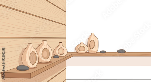A collection of wooden vases and dark pebbles are arranged neatly on shelves against a textured wooden wall.