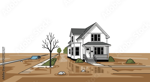 A house stands on a flooded street with a bare tree and submerged car, surrounded by brown water.