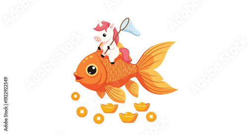 A charming cartoon unicorn with a net rides a large orange goldfish, surrounded by golden ingots and coins.
