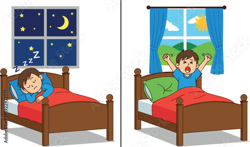 Little boy sleeping in bed at night with moon and stars and waking up happy in the morning with sun flat vector illustration set