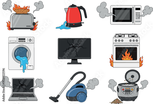 Set of broken household appliances including burning toaster leaking washing machine cracked TV screen and smoking microwave flat vector illustration