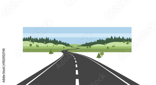 A winding asphalt road with white dashed lines stretching through a green hilly landscape with evergreen trees.