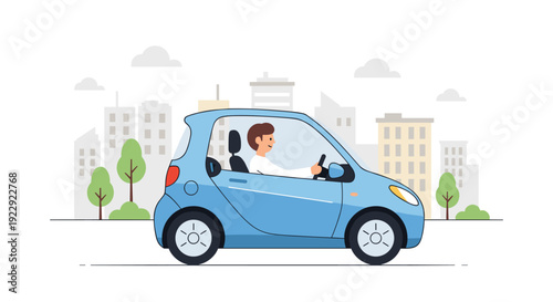 A man driving a small blue compact car on a street with a city skyline and green trees in the background.