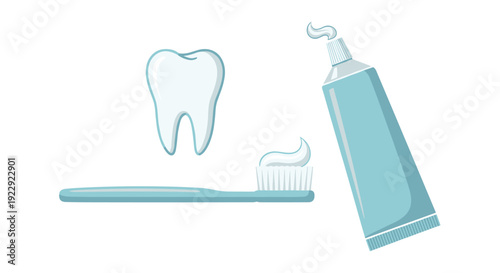 Single clean tooth, a blue toothbrush with toothpaste, and a tube of toothpaste for oral care.