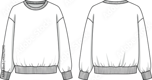 Blank oversized crewneck sweatshirt technical flat sketch fashion vector template front and back view drop shoulder sweater clothing mockup design
