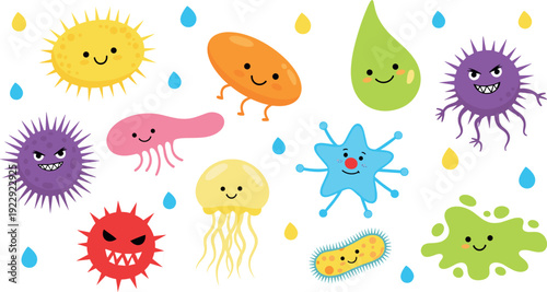 Set of cute cartoon bacteria and virus characters including funny germs microorganisms and pathogens flat vector illustration isolated
