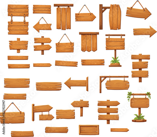 Big set of wooden signboards blank rustic planks hanging signs and wood direction arrows isolated on white background for game assets