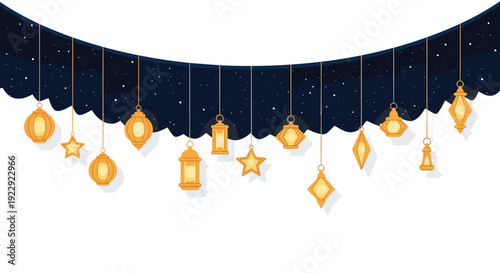 String of traditional golden lanterns and stars hanging against a dark starry night sky, creating a festive banner.