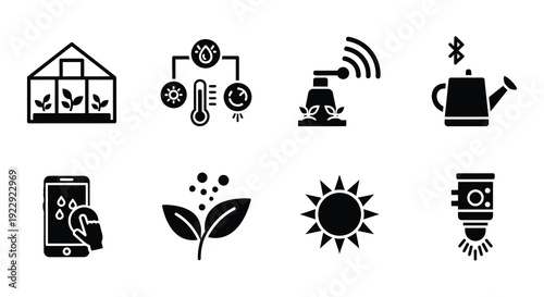 Black and white icons depicting elements of modern agriculture and gardening