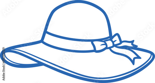 Blue outline illustration of wide brim summer hat with bow for fashion and accessory design