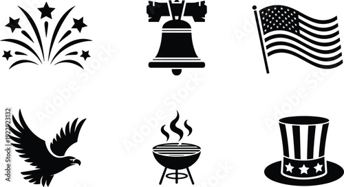 Patriotic USA icons set, American flag, liberty bell, fireworks, bald eagle, barbecue grill, uncle sam hat, independence day celebration