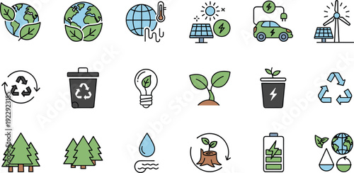 Green energy and environmental sustainability icon set featuring renewable solar wind power electric car recycling and global ecology conservation vector elements