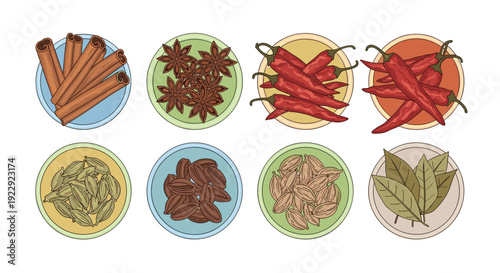 Eight colorful bowls hold various spices like cinnamon sticks, star anise, red chilies, cardamom, bay leaves, and caraway seeds from an overhead view.