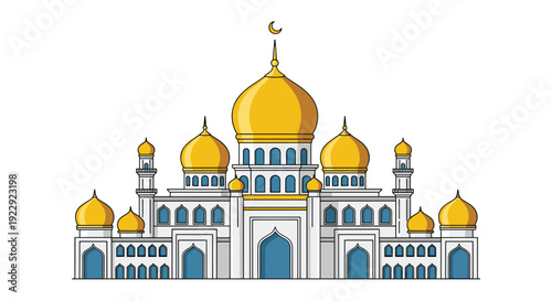 An ornate mosque features numerous golden domes and multiple minarets, showcasing intricate architecture against a clear white background.