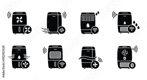 Black and white icons depicting various air purifier designs and styles