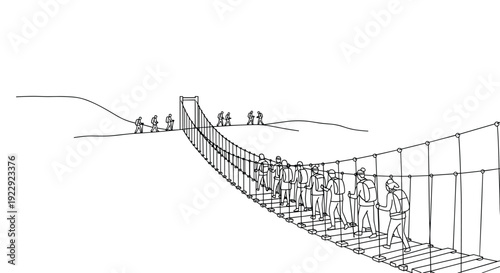 A detailed line art illustration depicts multiple hikers with backpacks traversing a long, intricate suspension bridge across a landscape.