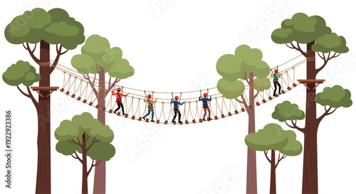 A small group of individuals wearing safety gear and harnesses walks across a rope bridge connecting several trees in an adventure park.