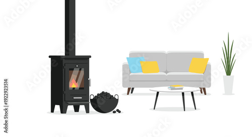 A cozy modern living room displays a lit black wood-burning stove next to a grey sofa with colorful pillows and a green plant.