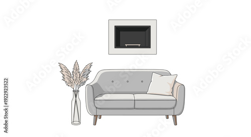 A minimalist living room features a grey two-seater sofa, a wall-mounted fireplace, and pampas grass decor.
