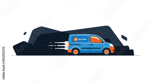 A quick blue delivery van with an orange logo and speed lines rapidly moves from left to right on an abstract background.