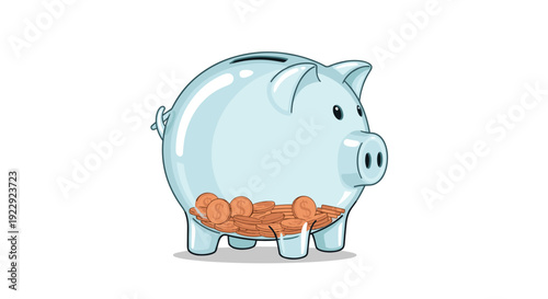 Transparent glass piggy bank half-filled with copper coins sitting on a white background.