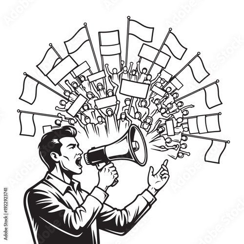 Man with megaphone leads protest crowd with flags and signs social activism concept