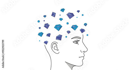The outlined profile of a person's head shows multiple blue and purple diamond shapes connected by dashed lines floating above, representing ideas or value.