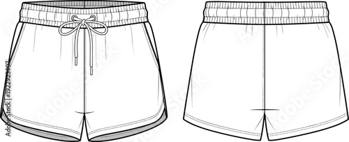Vector technical flat sketch illustration of athletic shorts with elastic waistband drawstring and side pockets front and back view design