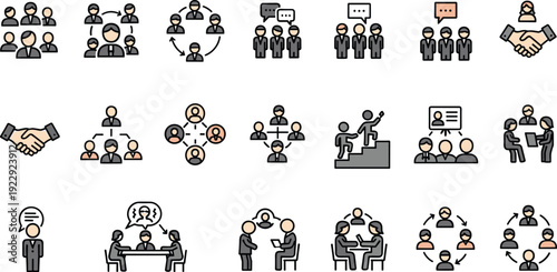 Professional business teamwork and human resources icon set featuring leadership collaboration recruitment networking handshake and corporate community management vector elements