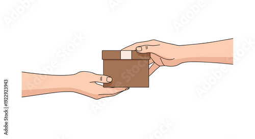 Two human hands exchanging a small plain brown cardboard box on a clean white background.