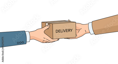 Two human hands exchanging a small brown cardboard delivery box with 'DELIVERY' text on a white background.