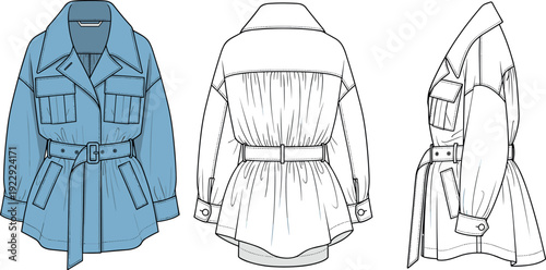 Women belted safari jacket fashion flat sketch vector illustration template technical drawing with front back and side views clothing mockup