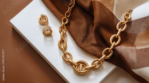 Gold chain necklace and earrings arranged on a white platform with a brown scarf, set against a brown backdrop