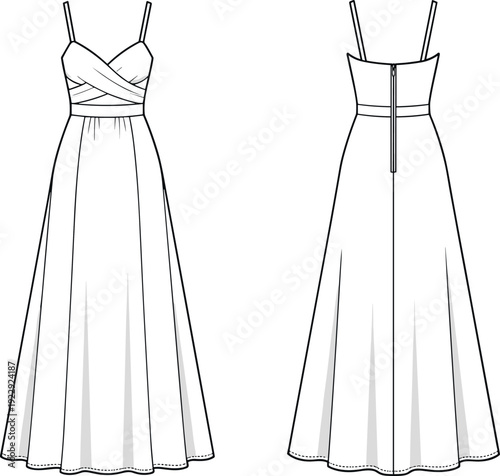 Women maxi evening gown fashion flat sketch vector illustration featuring spaghetti straps, crisscross wrap bodice, empire waist, and back zipper.