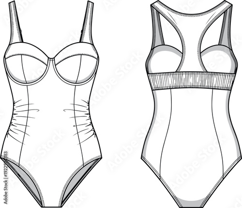 Women one piece swimsuit bodysuit technical flat sketch vector illustration featuring underwire cups side ruching and racerback fashion design template