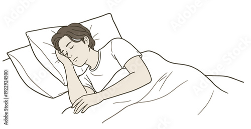 Peaceful young man sleeping on bed, resting with blanket and pillow, calm bedtime routine, sleep health concept, cartoon vector on white background