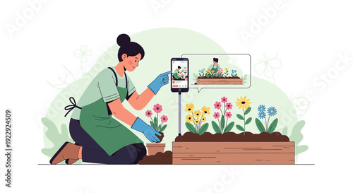 Woman Planting Flowers and Filming Tutorial on Smartphone