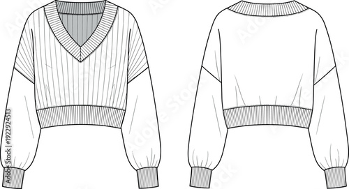 Womens cropped v neck knit sweater technical fashion flat sketch vector illustration showing front and back views with ribbed cuffs