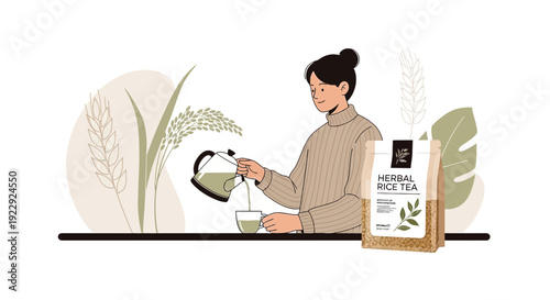 Woman Pouring Herbal Rice Tea from Kettle into Cup, Product Packaging Mockup