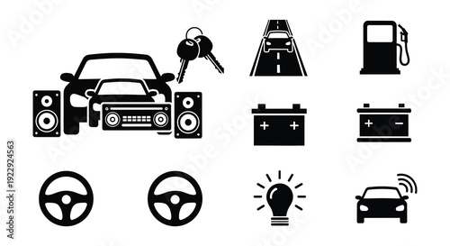 Automotive icons car parts accessories and related elements in black
