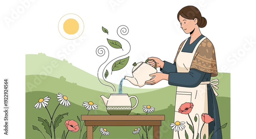 Woman Pouring Tea Outdoors Amidst Flowers and Greenery