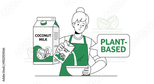 Woman pouring coconut milk into bowl, plant-based beverage, healthy eating