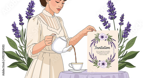 Woman Pouring Tea, Lavender Invitation Card, Vintage Style Illustration