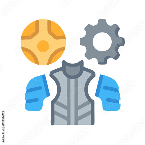 Game development assets showing armor gear, a gear, and a ball for game design