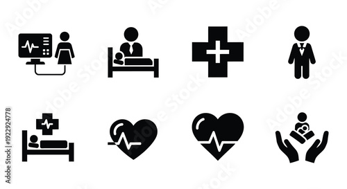 Medical icons depicting healthcare patients and vital signs
