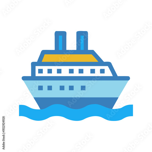 Stylized cruise ship on water icon with blue and yellow colors