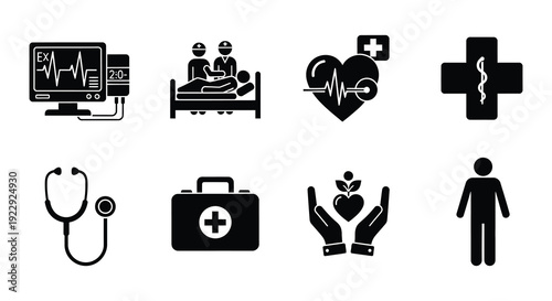 Medical icons depicting healthcare patients and vital signs